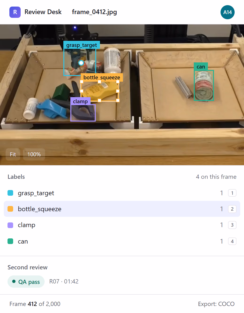 Frame 412 on a phone: four labelled boxes on the robot tray, the labels list and a QA pass from the second reviewer.