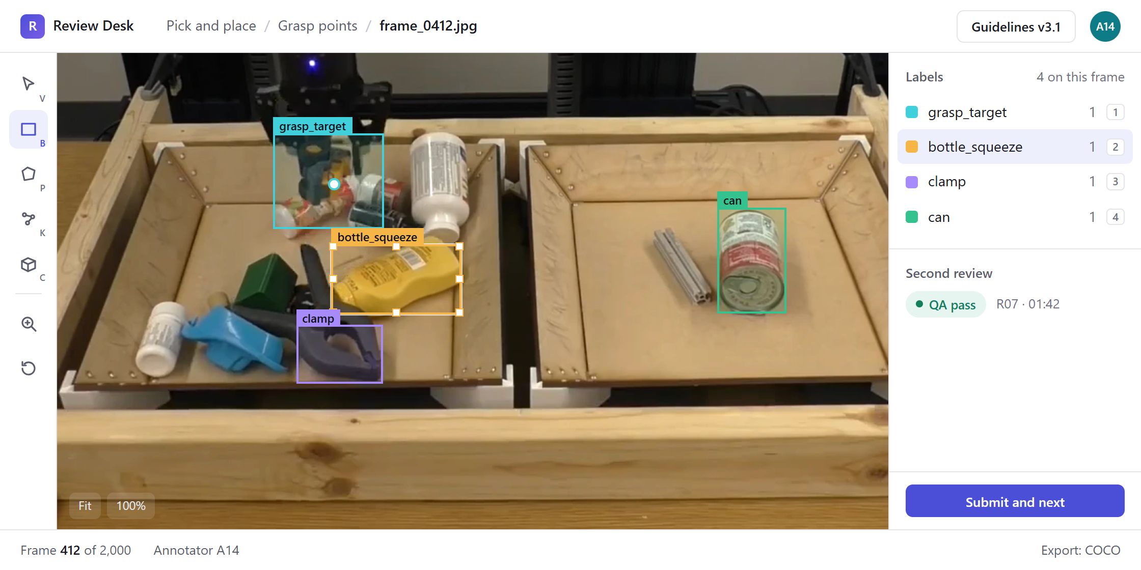 Labelling workspace on frame 412 of a robot pick and place set: four boxes drawn on the tray, grasp_target with a keypoint, bottle_squeeze selected with resize handles, clamp and can, a labels list with keyboard shortcuts, and a second review marked QA pass by reviewer R07.