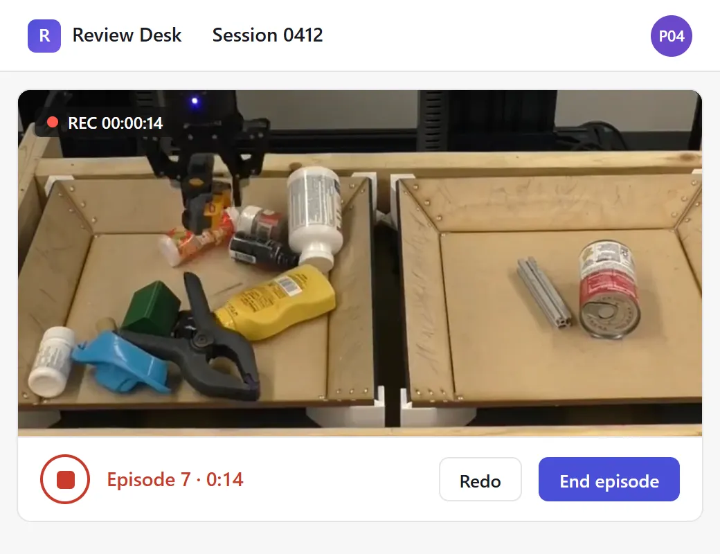 Capture session 0412: the task list with pick the bottle and place it in the right tray selected, the head camera view of the tabletop while recording, and a checklist before recording.
