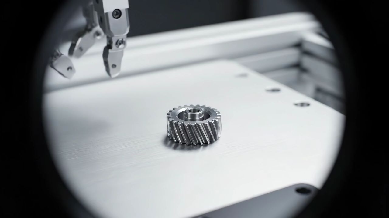 Close view of a robotic gripper above a machined gear.