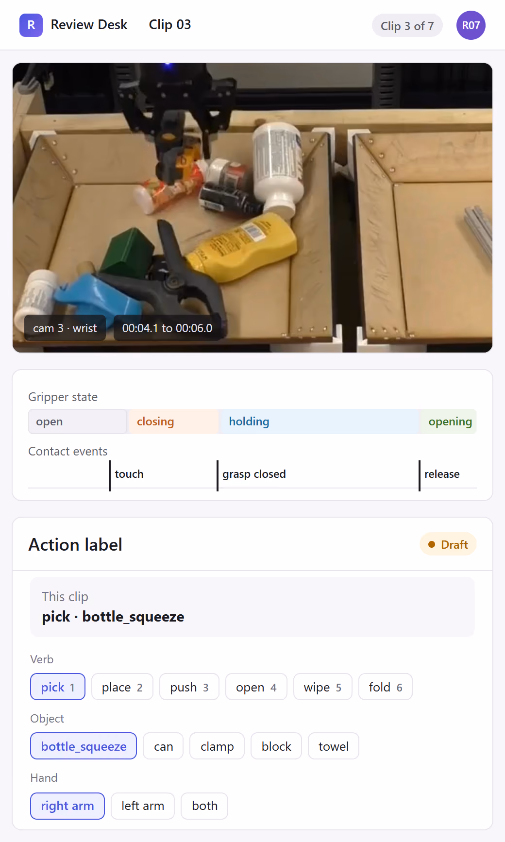 Clip 3 on a phone: the camera view, the gripper state track and contact events, and the action label pick bottle_squeeze.