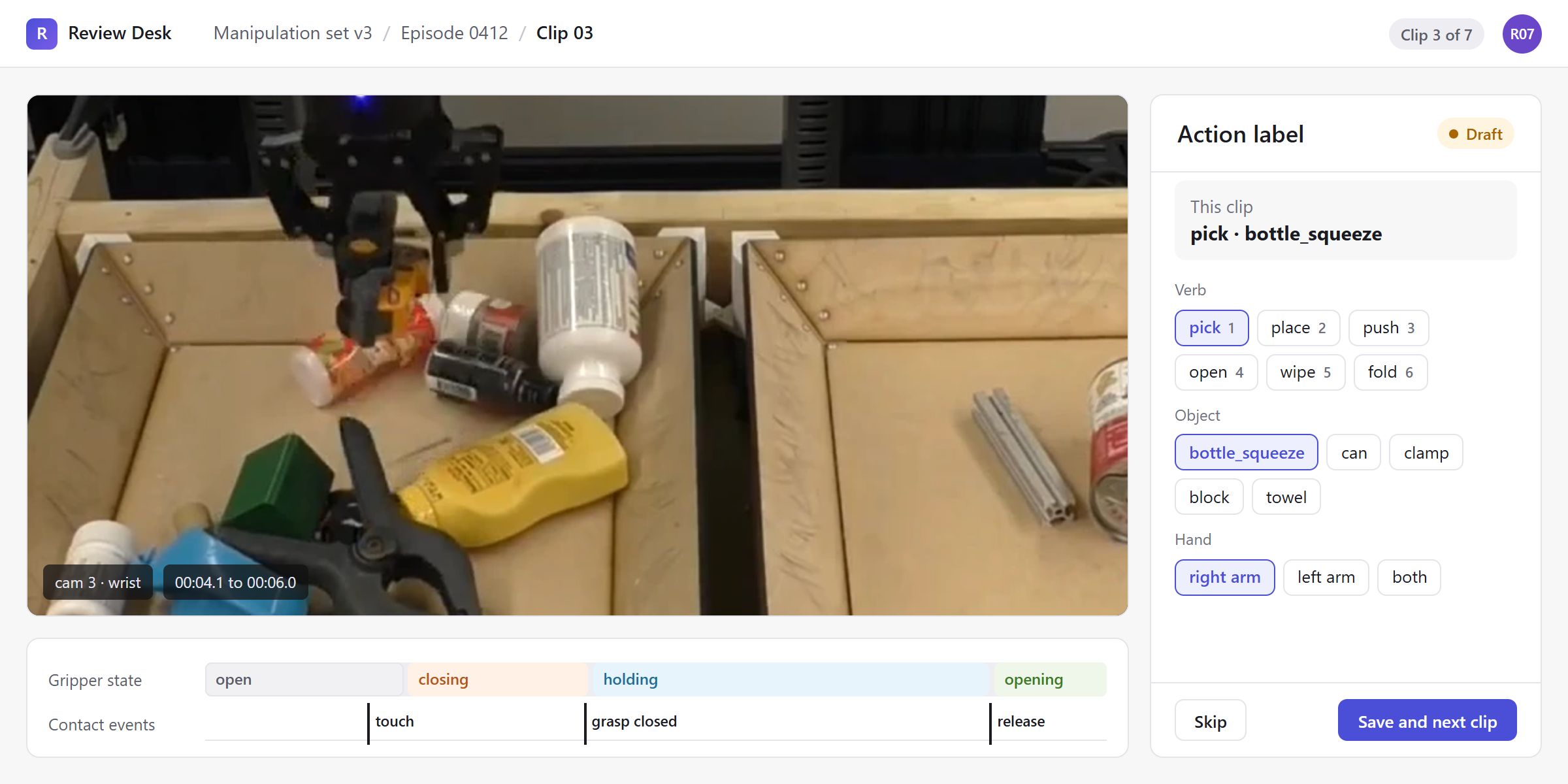 Clip 3 of episode 0412 in our labelling workspace: the wrist camera view, the action labelled pick bottle_squeeze with the right arm from a verb and object list with keyboard shortcuts, a gripper state track from open to closing, holding and opening, and contact events touch, grasp closed and release.