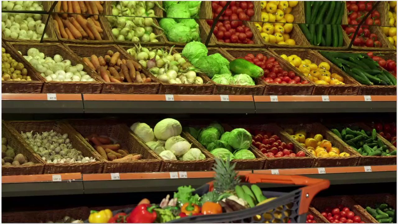 Fresh produce on supermarket shelves.