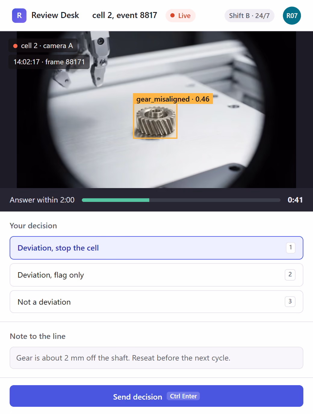 A live detection on a phone: the misaligned gear, the 2 minute timer at 0:41, and the reviewer's decision to stop the cell.