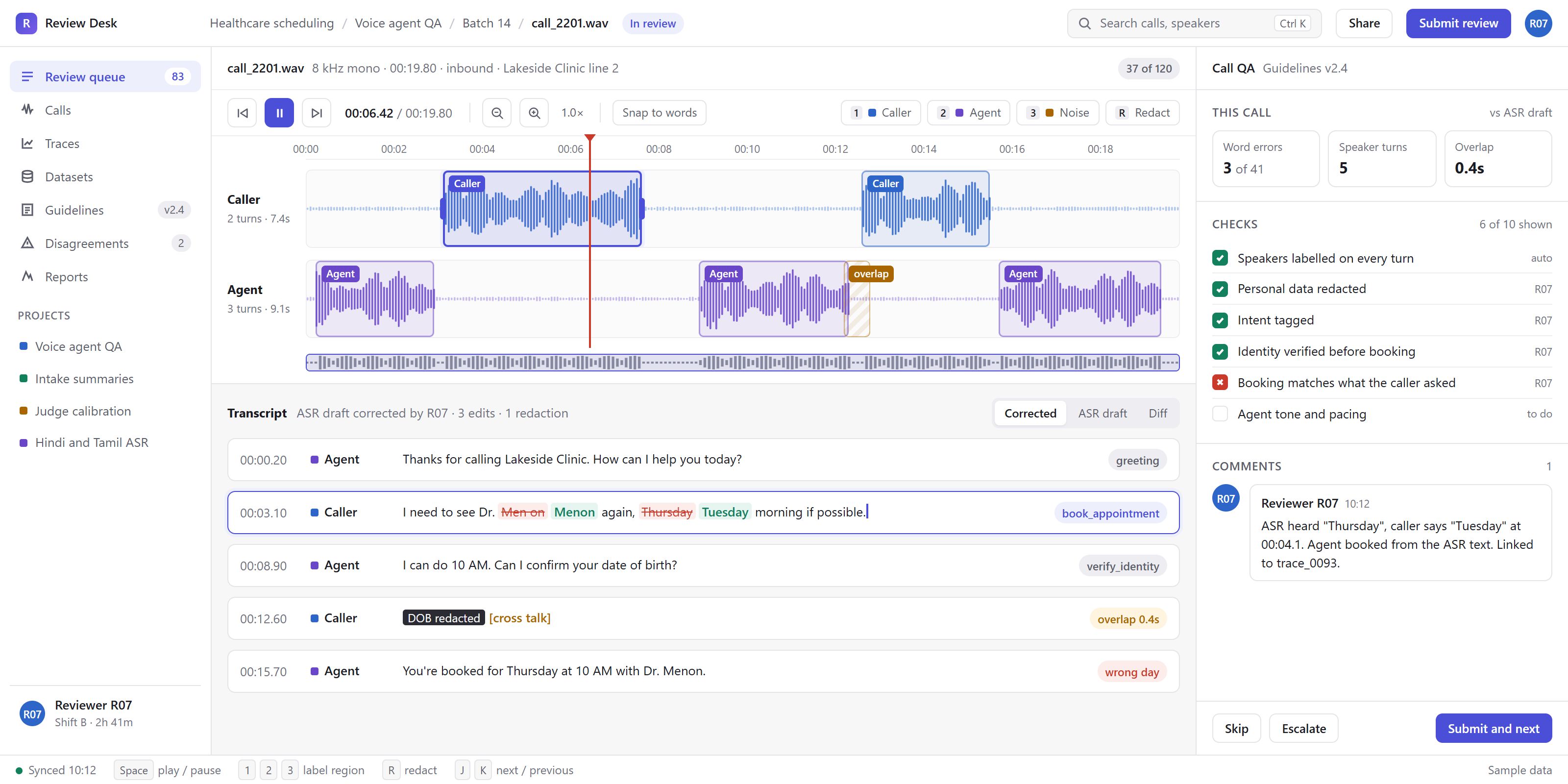 Audio review workspace for call_2201: caller and agent waveforms in separate lanes with labelled turns and an overlap region, a transcript where the reviewer corrected Men on to Menon and Thursday to Tuesday, a redacted date of birth, an extracted fields table, and call checks with one failure: the booking does not match what the caller asked.